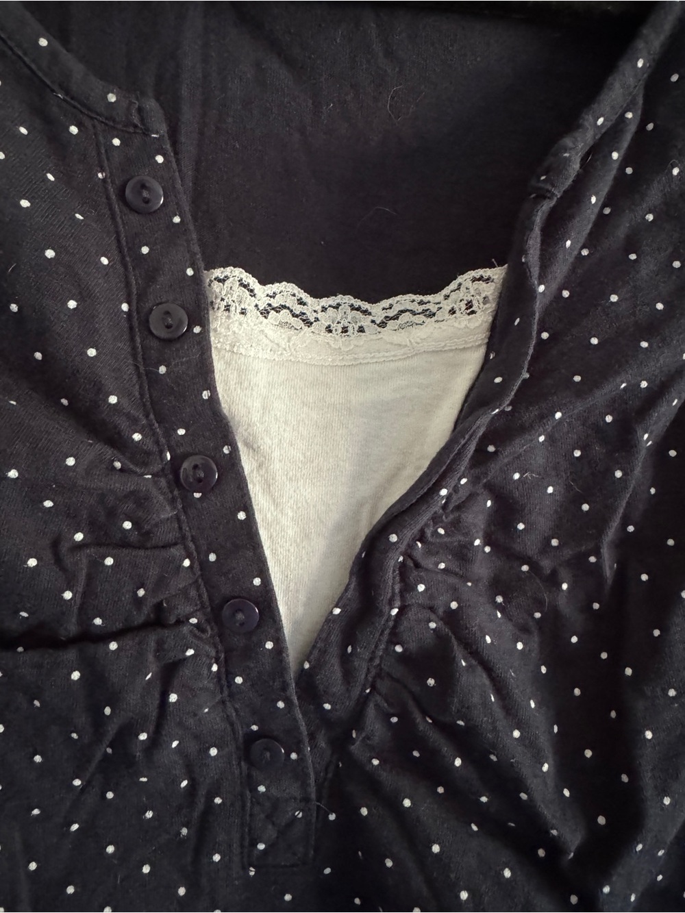 Polka Dot Navy Long Sleeve Top with Lace Cami